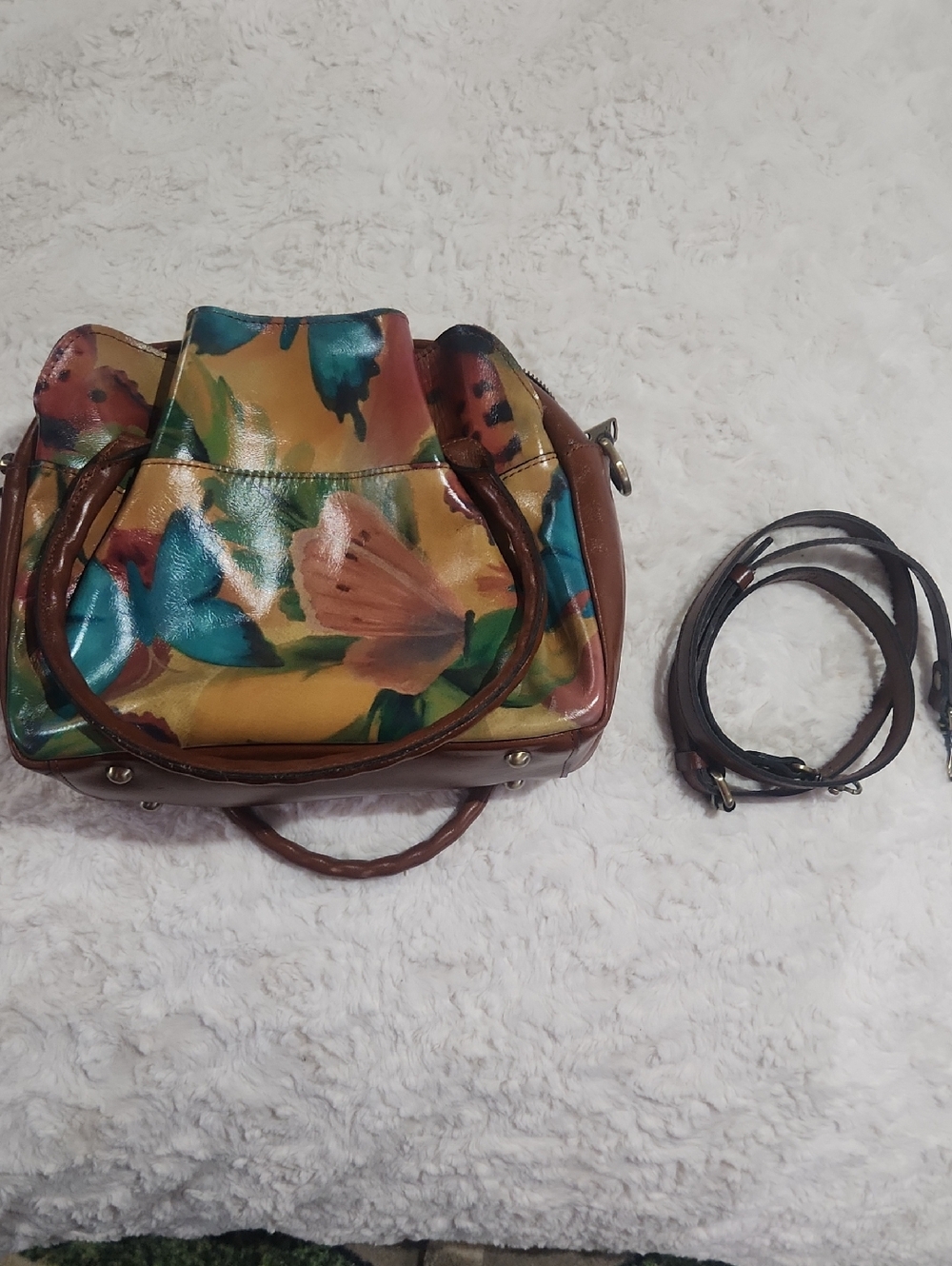 Patricia Nash Multicolor Floral Leather Satchel with Brown Trim and Teal Accents